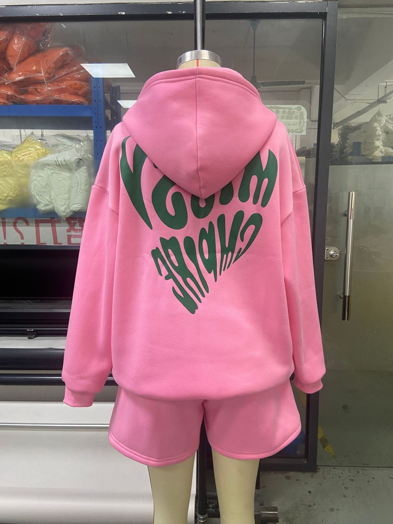 Spring Autumn Printed Long Sleeve Hooded Sweatshirt And Shorts Two-Piece Set For Women_voghion.com