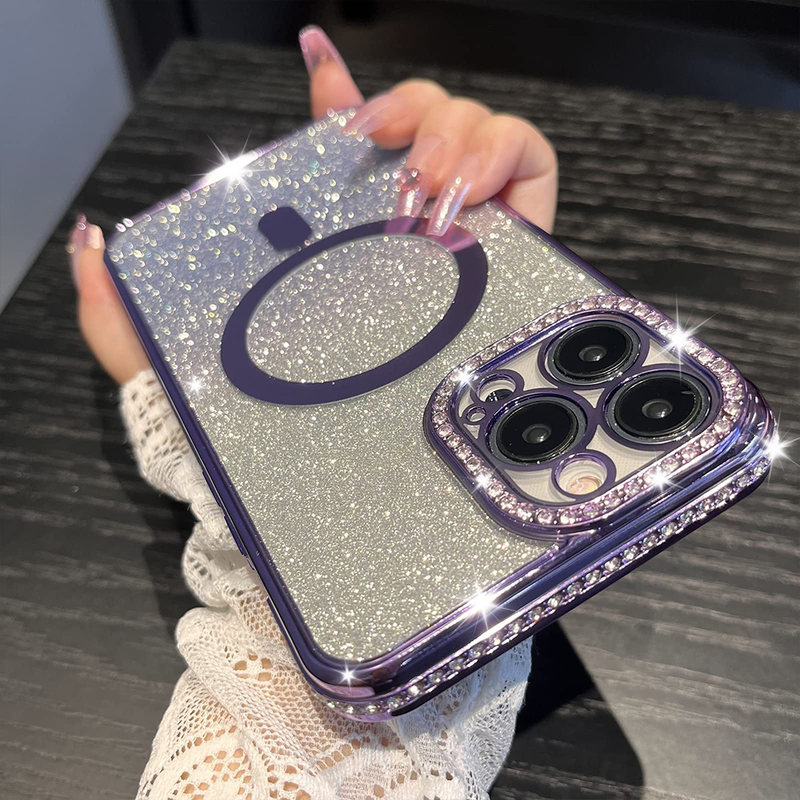 Fo Magsafe Glitte Diamond Case Fo iPhone 15 14 13 11 12 Po Max Plus Clea Magnetische Wieless Chaging Shockpoof_voghion.com
