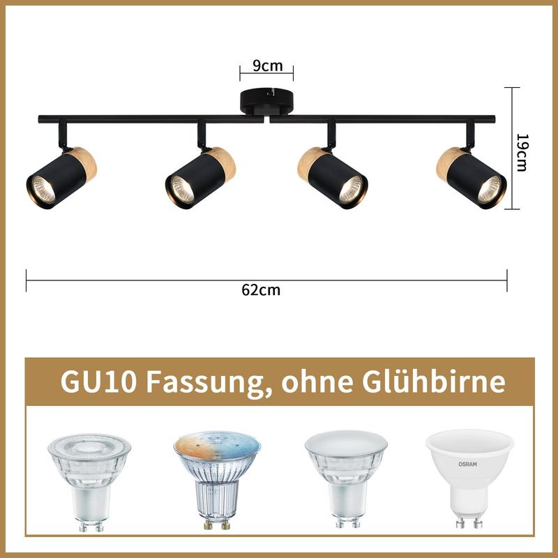 Glitzerlife Deckenstrahler Holz Schwarz Deckenleuchte - Deckenlampe 4 Flammig GU10 LED Schwenkbar 330° Spotleuchte Für Wohnzimmer Schlafzimmer Küche Kinderzimmer_voghion.com
