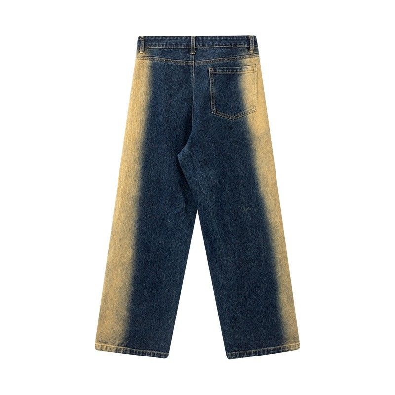 Herenkleding gewassen distressed gespoten apenband versierde jeans unisex modemerk losse wijde pijpen broek_voghion.com