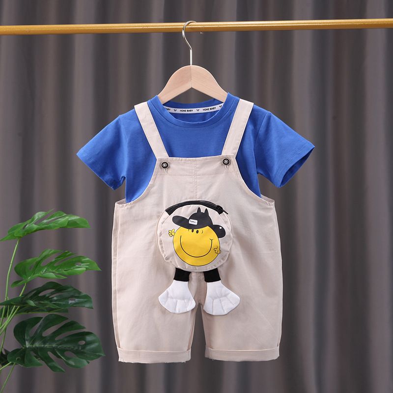 Conjunto de dos piezas de pantalones con banda trasera coreana para bebé de un año de edad, de manga corta y cara sonriente, para verano de 2024_voghion.com