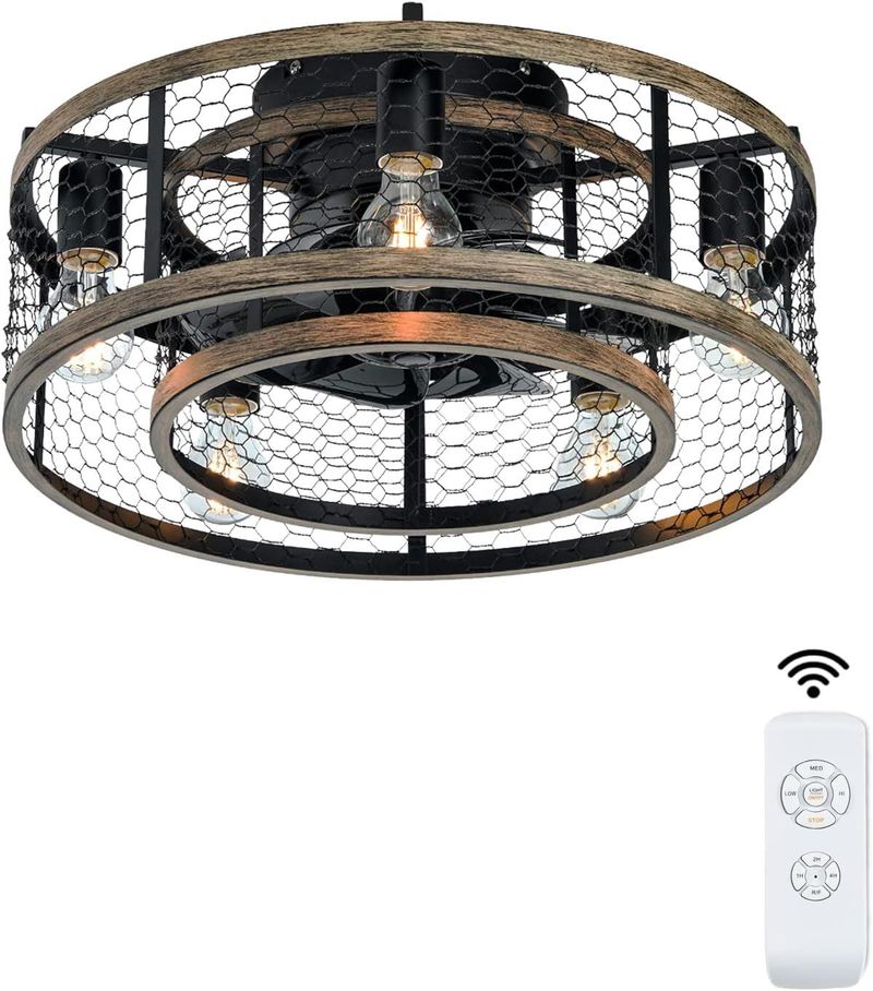 20 Inch Industrial Caged Ceiling Fan With 7-ABS Blades Remote Control, Small Ceiling Fan Reversible DC Motor - Black_voghion.com