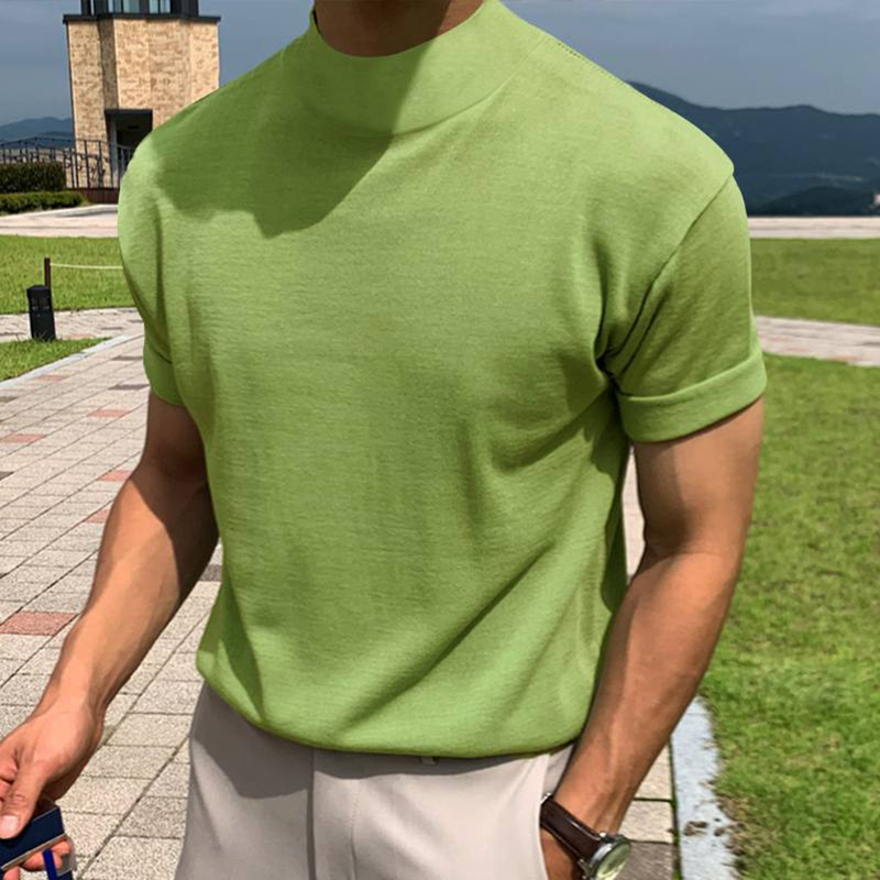 Maglietta a maniche corte con collo alto, tinta unita, da uomo, versione coreana, estate 2025_voghion.com