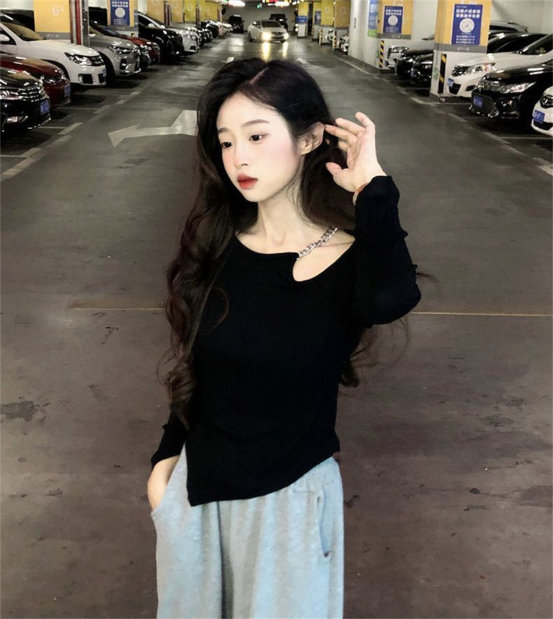 Irregular Hot Girl Slim Fit Inner Layer Base Shirt Top Design Hollow Out Off-Shoulder Short Long Sleeve T-Shirt For_voghion.com