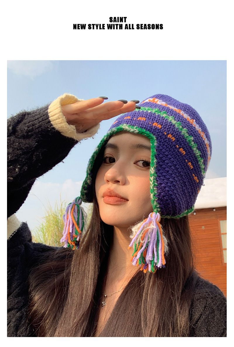 Cappello Lei Feng lavorato a maglia in stile etnico retrò con paraorecchie intrecciato a blocchi di colore per donna, caldo cappello invernale tibetano per viaggi e fotografia_voghion.com