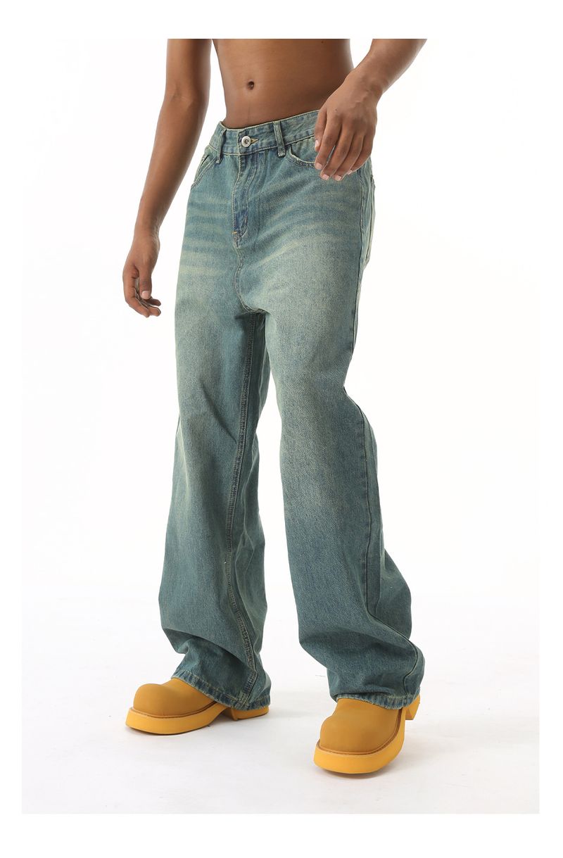EF JEANS | 2024 New American Personality Retro Old Gradual Change Loose Wide Leg Jeans Men Old Green_voghion.com
