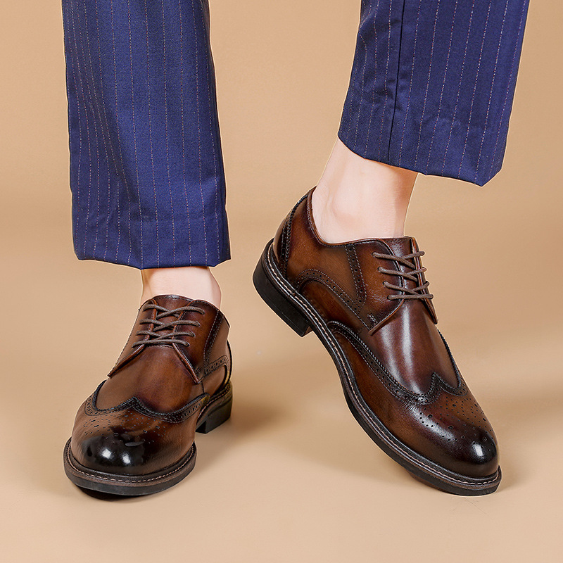 Frühling Echtes Business Casual Weiche Sohle Derby Herren Leder Handgefertigte Block Hochzeitsschuhe im britischen Stil_voghion.com