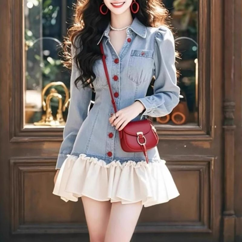 Abito in denim con cuciture in stile francese per donna, primavera 2025, con vita stretta e pantaloncini snellenti_voghion.com