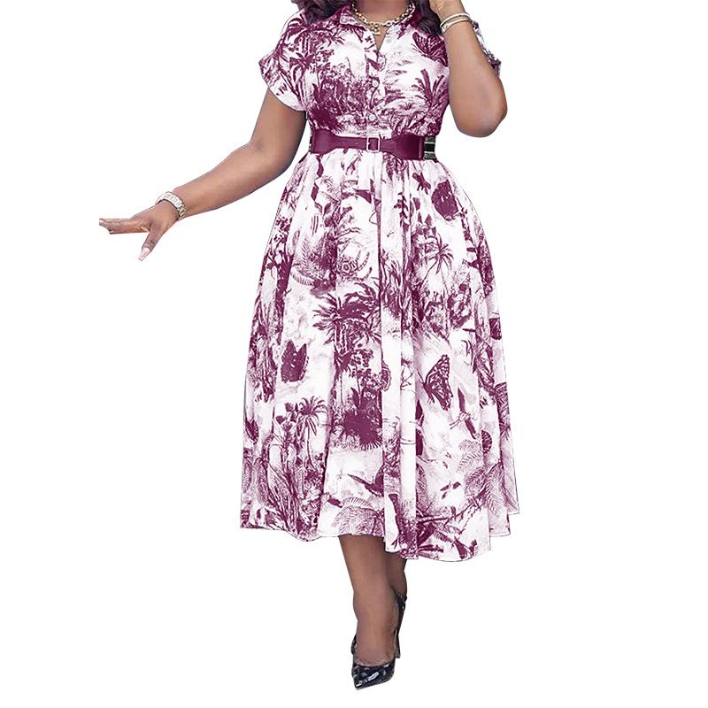 Women's Clothing Large Size Women's Printed Stand Collar Belt Dress_voghion.com