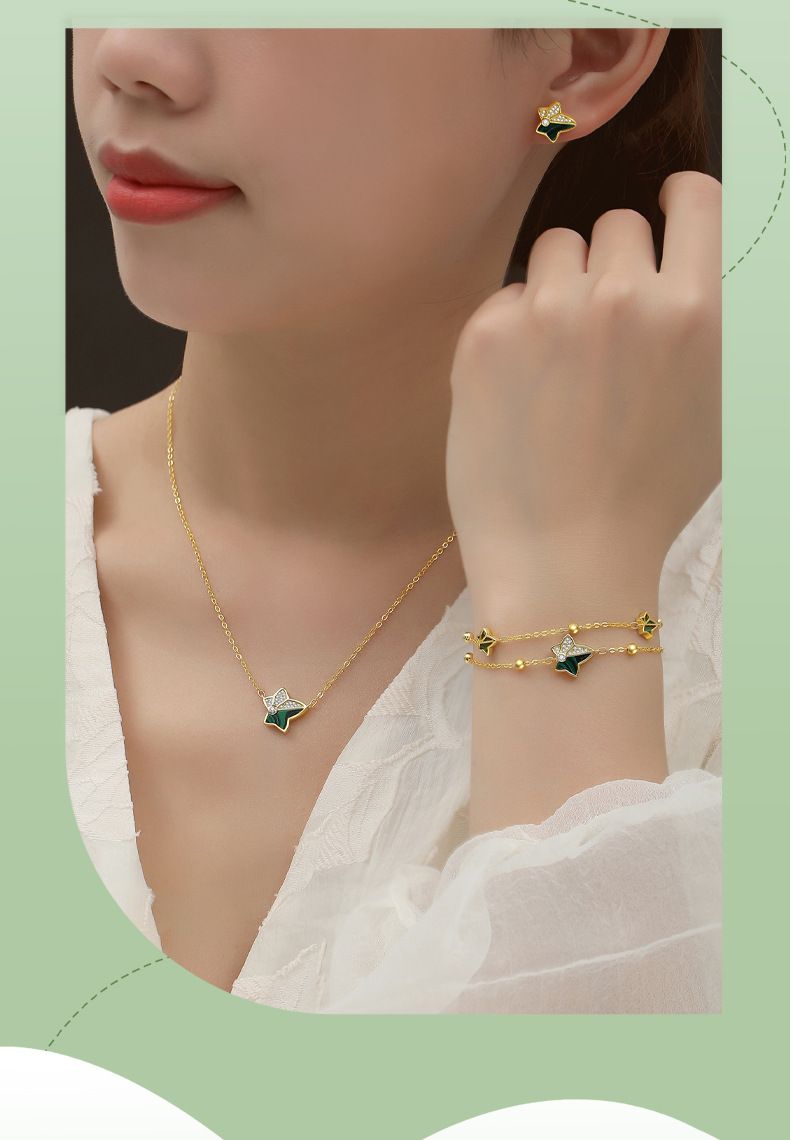 Bracciale in argento S925 con foglia di edera intarsiata in zircone e malachite, braccialetti a doppio strato_voghion.com