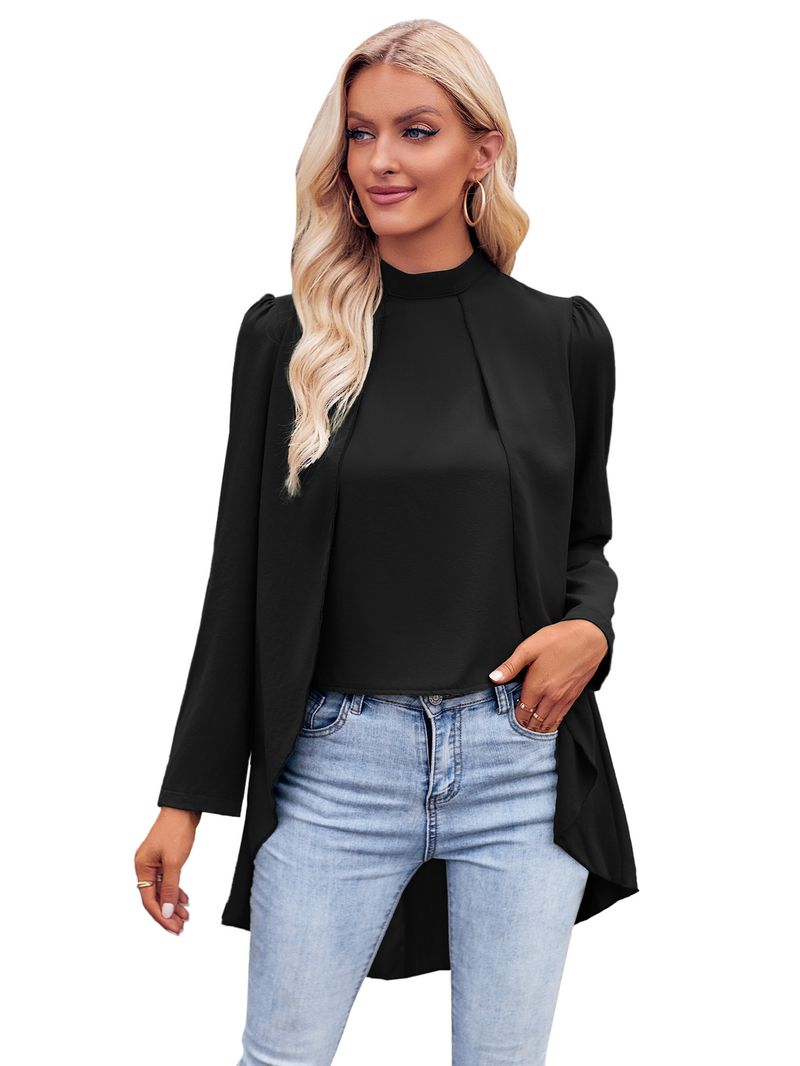 Abbigliamento da donna, camicia in due pezzi finta a maniche lunghe, tinta unita, collo semi-alto, casual, da donna_voghion.com