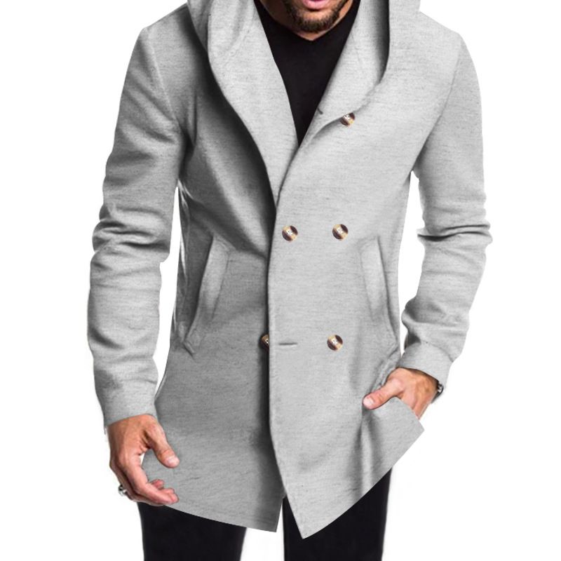 Nuovo trench casual da uomo, di media lunghezza, slim fit, con cappuccio, tinta unita_voghion.com
