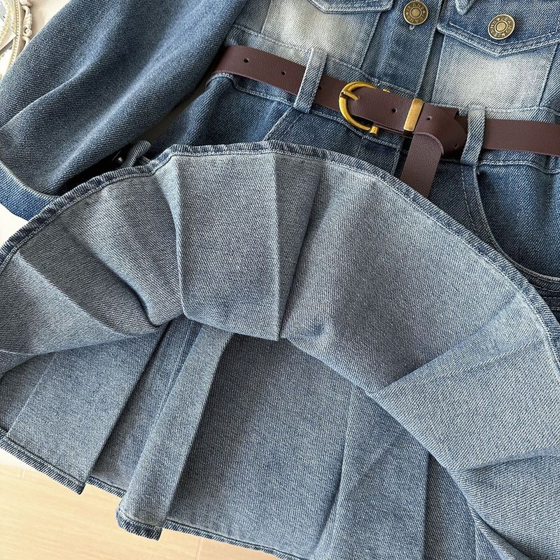 Kid's Clothing New Style Little Girl Fashion Denim Dress Long Sleeve Spring And Autumn Lapel Waist Denim Skirt Trend_voghion.com