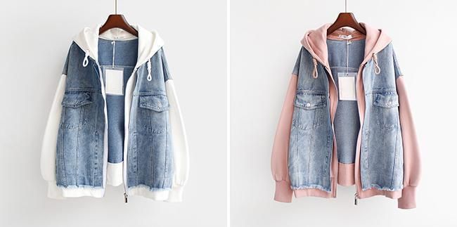 Plus Size Denim Jacket For Women – Oversized Hooded Baseball Style, Comfort Fit (L-4XL, Pink/White)_voghion.com