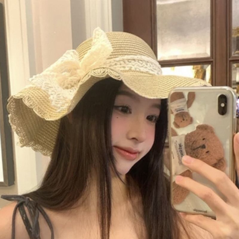 Cappello di paglia in pizzo estivo, cappello di paglia con protezione UV, foto di ragazza in spiaggia al mare, tesa larga_voghion.com