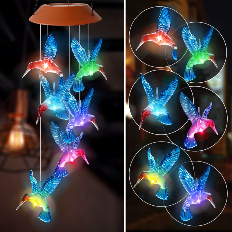 Nuovo campanello eolico solare da esterno con luce LED colorata sfumata a forma di colibrì, conchiglia rossa e uccello blu_voghion.com