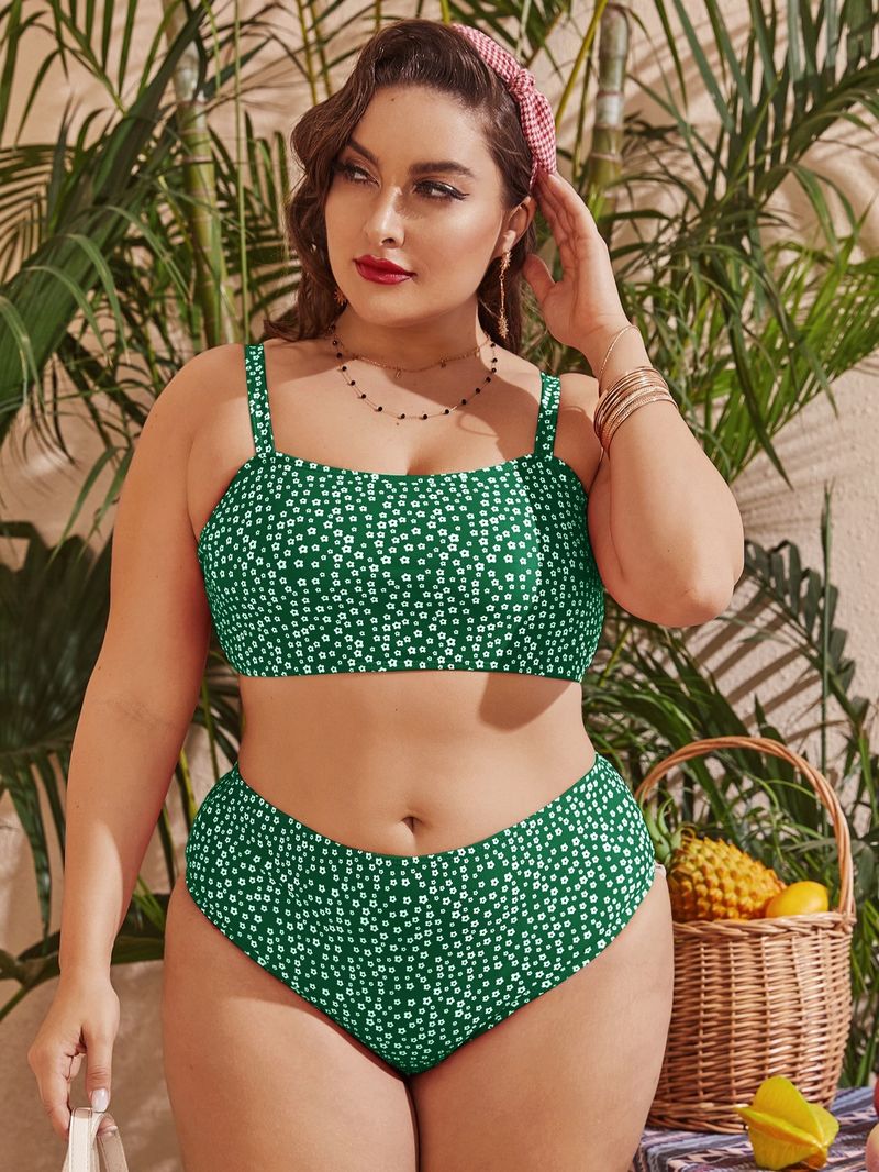 Plus Size High Waist Bikini Set - Floral Print & Polka Dot Swimsuit For Women Tummy Control Two-Piece Swimwear With Adjustable Ties_voghion.com