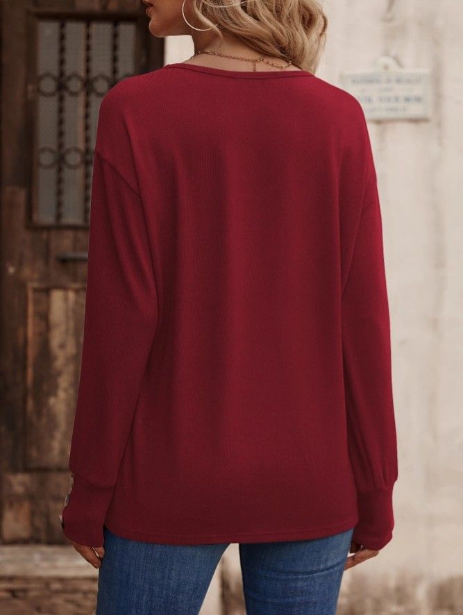 T-shirt da donna a maniche lunghe con scollo a V, tinta unita, autunno/inverno 2025_voghion.com