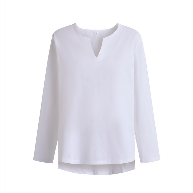 2025 Autumn Youth T-Shirt Cotton Linen Solid Color Loose Fit Chinese Style V-Neck Men's Long Sleeve Shirt_voghion.com