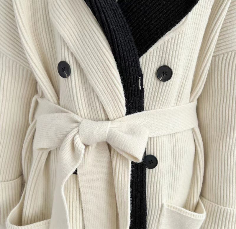 Cardigan lungo con cappuccio oversize da donna - Cappotto spolverino a strati in maglia spessa con dettaglio cintura, comodo capo invernale a strati in beige/grigio/nero_voghion.com