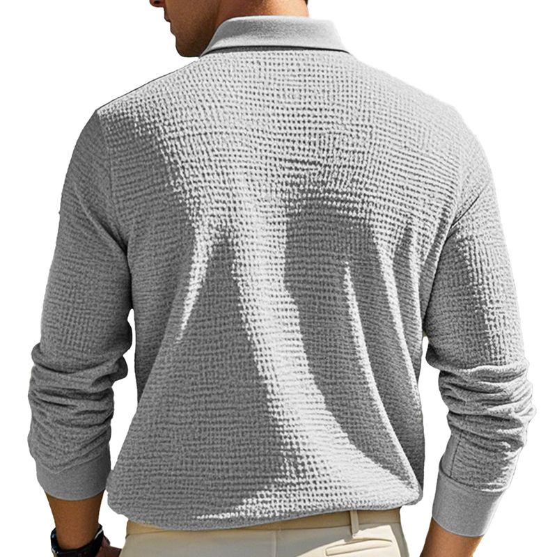 Herren-Poloshirt mit Waffelstrick und langen Ärmeln – Lockere Passform mit asymmetrischem Detail (Weiß/Schwarz/Gelb/Burgunderrot/Hellgrau/Himmelblau, S-XXXL)_voghion.com