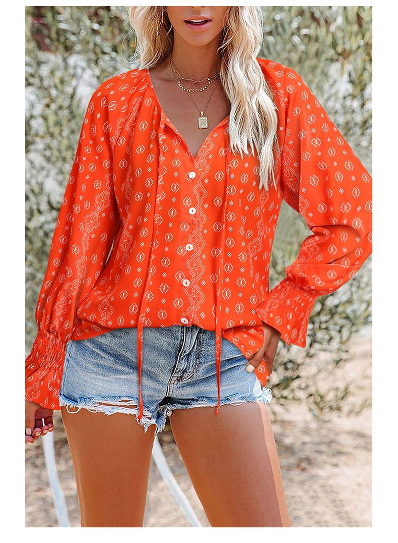 Women's Clothing Loose V-neck Pullover Casual Top Long Sleeved Floral Lotus Leaf Sleeved Chiffon Shirt_voghion.com