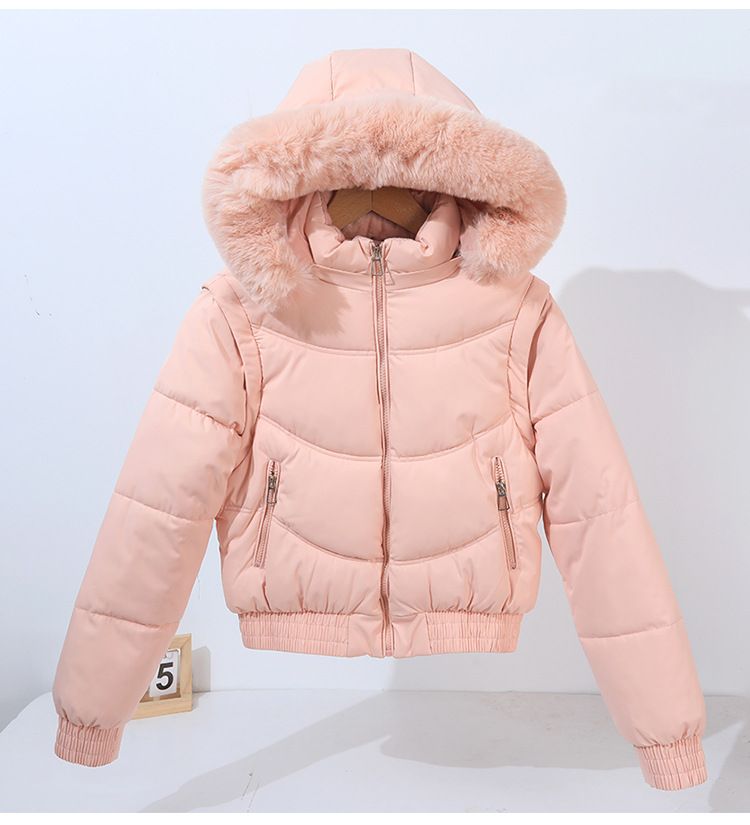 Doudoune courte convertible à manches amovibles et capuche en fausse fourrure pour femme - Manteau d'hiver taille haute doublé polaire épaisse_voghion.com