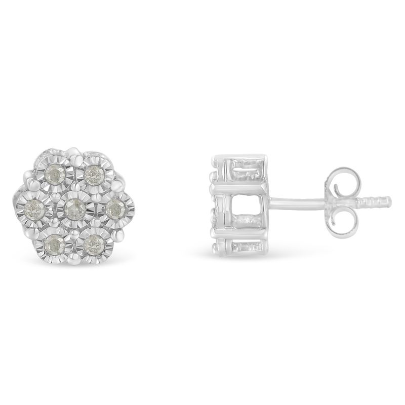 .925 Sterling Silver 1/4 Cttw Round-Cut Diamond Miracle-Set Floral Cluster Button Stud Earrings (I-J Color, I3 Clarity)_voghion.com