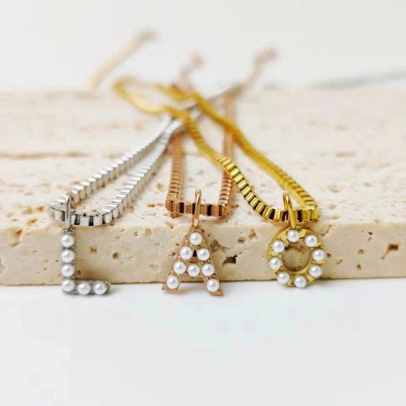 Emanco Box Chain Stainless Steel First Necklace Art Beads Alphabet Accessories DIY Handmade Necklace Name Customization_voghion.com