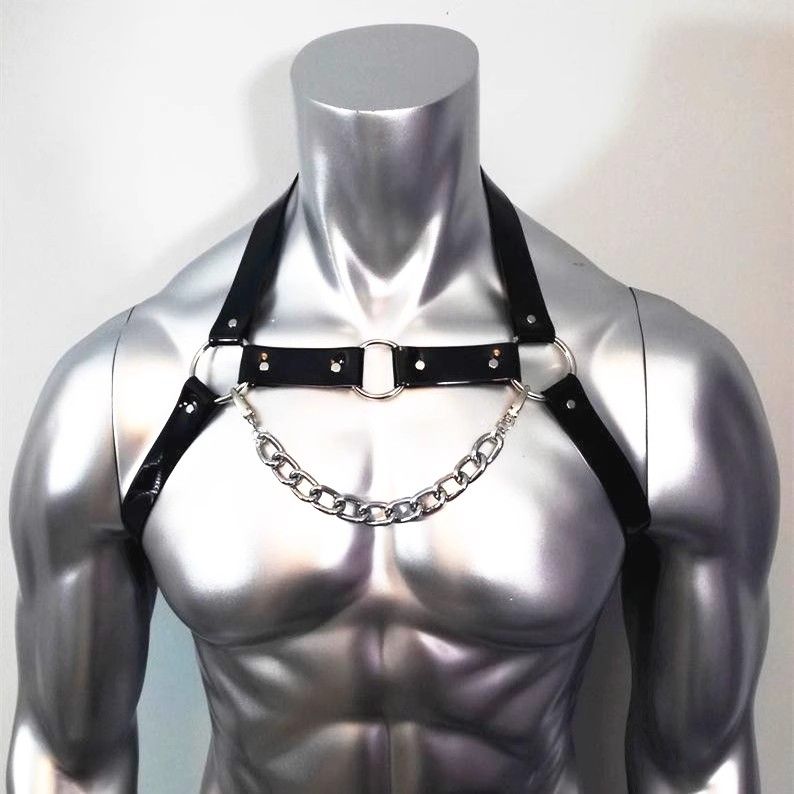Men Black Leather Shoulder Binding Strap Nightclub Bar Performing Costumes SM Adult Sexy Shapewear_voghion.com