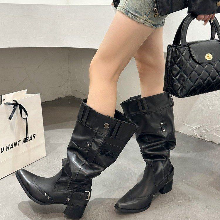 Knight Women, Large Size, Over-The-Knee Long Boots, 2025 New Style, Wide Shaft, Pointed Toe, Chunky Heel, Slimming Pile_voghion.com