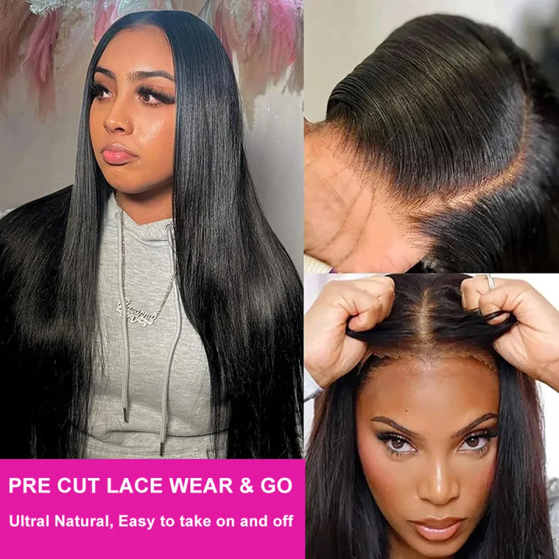 Peluca recta precortada sin pegamento, 100 % cabello humano, pelucas frontales de encaje HD para mujeres_voghion.com