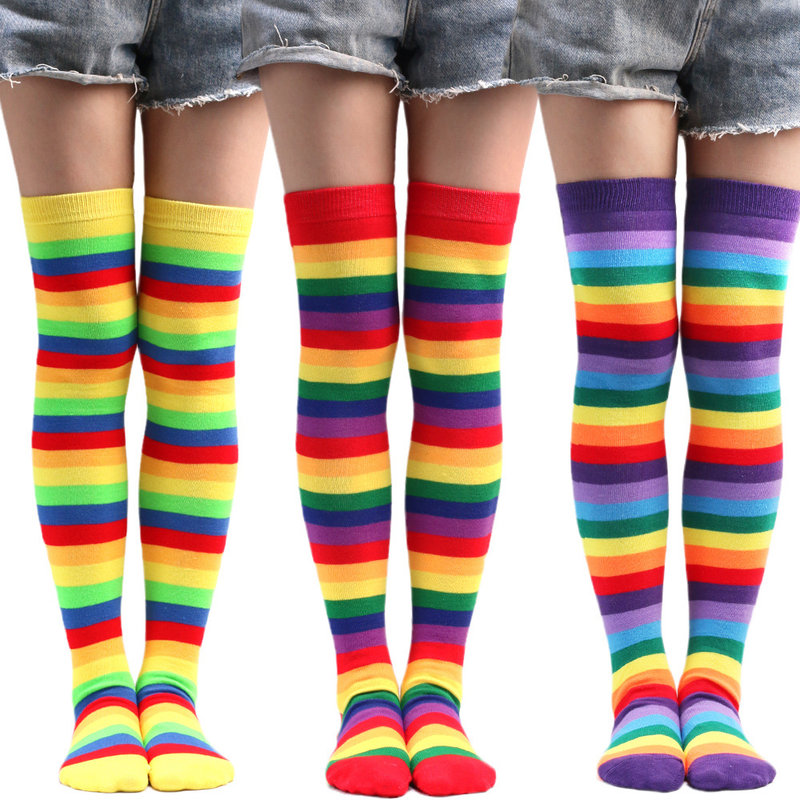 Regenbogensocken, hohe Socken, Kniestrümpfe aus Baumwolle, bunt gestreifte Handschuhe für Damen, Party-Requisiten-Set_voghion.com
