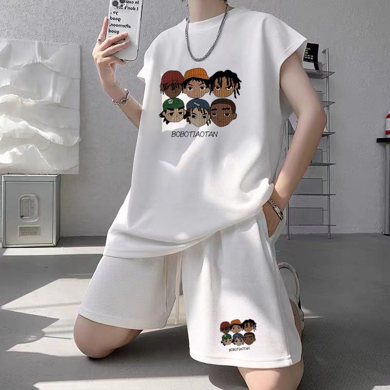 Summer new plus size men's sports suit Waffle trendy sleeveless vest t-shirt versatile casual two-piece set 12_voghion.com
