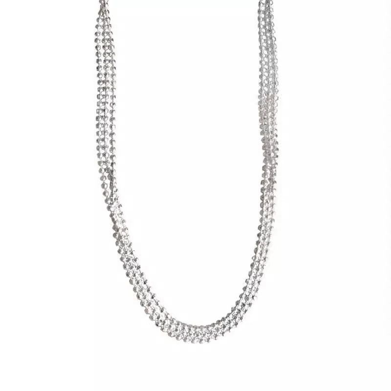 Collana a tre strati scintillante in argento puro per donna, design minimalista di nicchia, perlina rotonda piccola intagliata ultra lucida_voghion.com