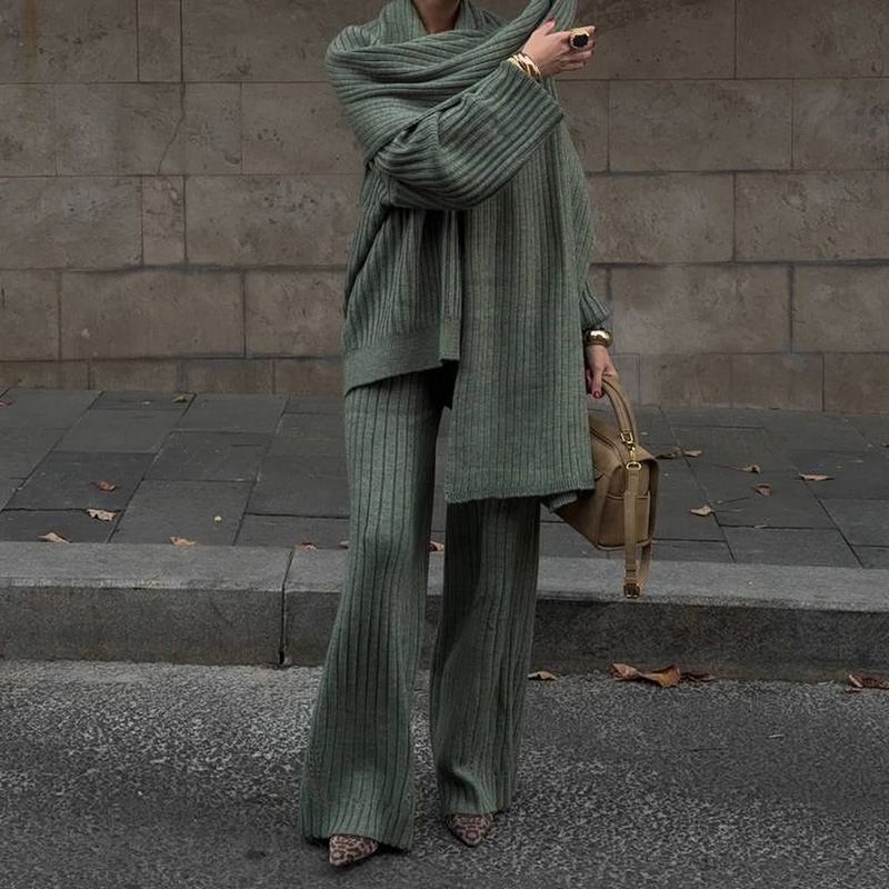 Oversized Knit Sweater & Scarf Set – Fall/Winter Women's Loungewear (Wine Red/Sage Green/Gray, S-L)_voghion.com