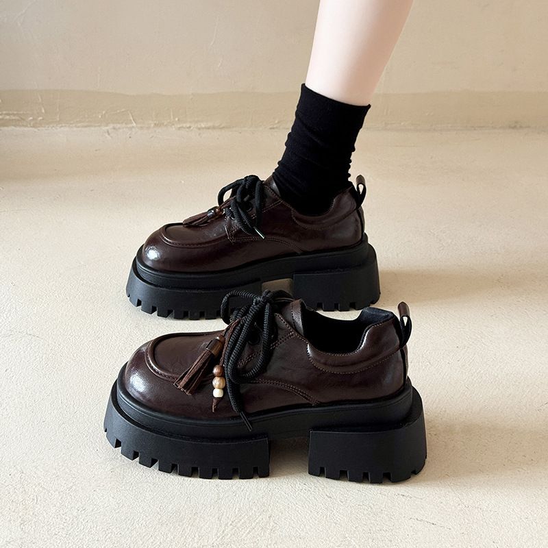 Thick-Soled Loafers For Women 2025 Spring New Large-Toe Single Lace-Up Black British Style Small Leather Shoes_voghion.com
