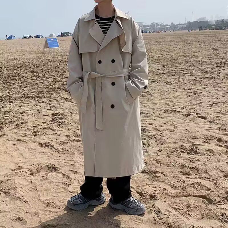 Trench lungo da uomo, casual, vestibilità ampia, unisex, con cintura, soprabito doppiopetto, in nero e cachi_voghion.com