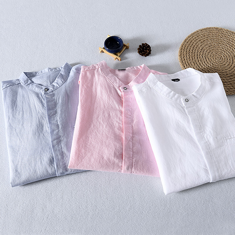 Camicia da uomo a maniche lunghe in tinta unita per il tempo libero da lavoro primaverile. Camicia da uomo in cotone e lino con colletto ribaltabile_voghion.com