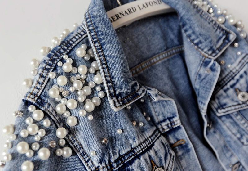 Modische Jeansjacke mit Strass-Stickerei für Damen, Vintage-gewaschener kurzer Freizeitmantel mit Perlen, locker sitzendes Langarm-Button-Up-Shirt_voghion.com