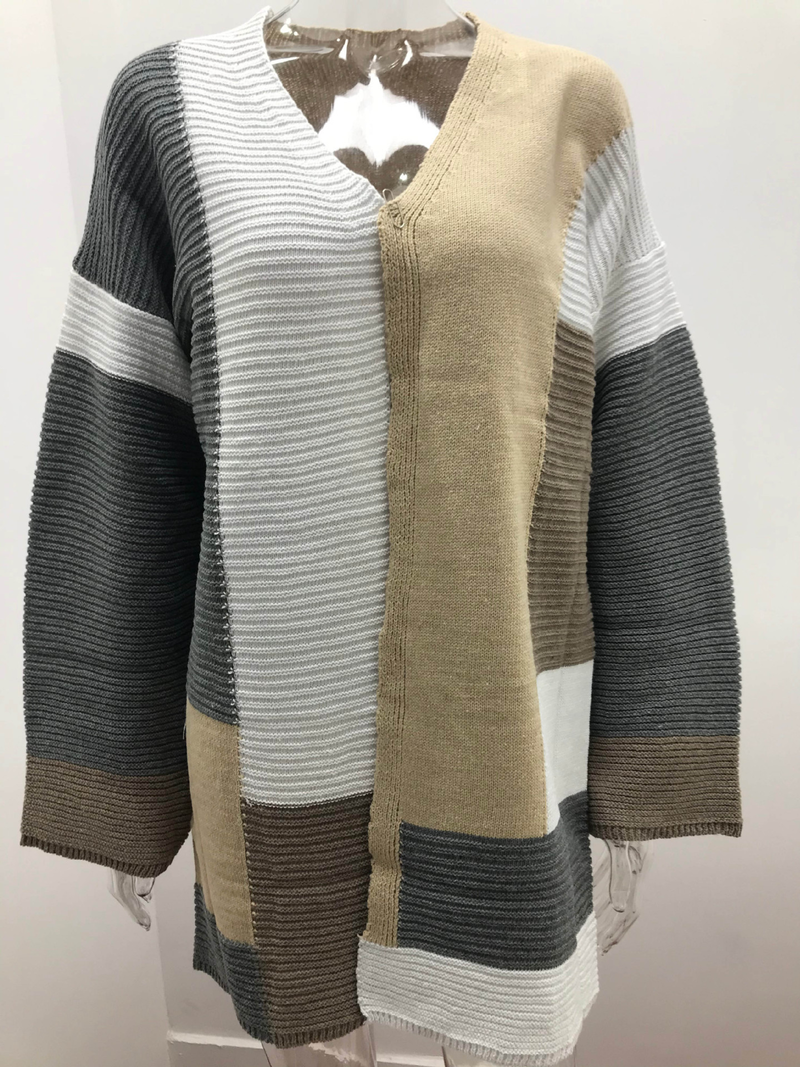 Women's large size loose geometric color matching sweater cardigan_voghion.com
