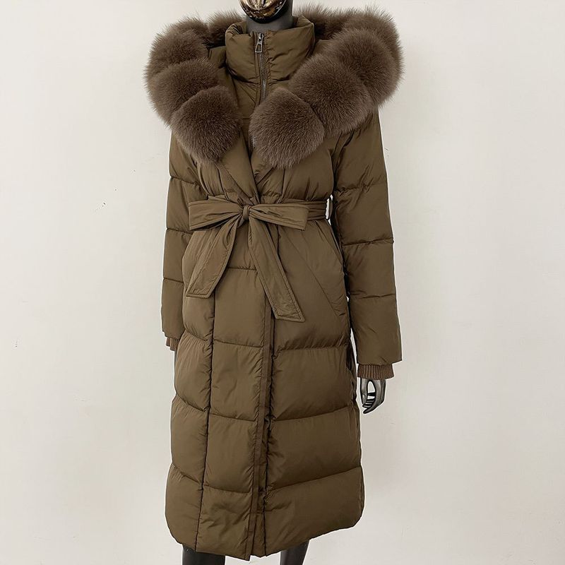 Fox Fur Large Collar Down Jacket With Hood And Long Style For Winter, Slim Waist And Knee Length Thickened Women's Coat_voghion.com