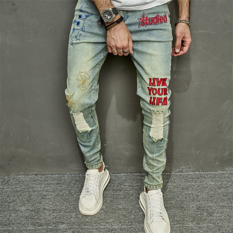 New Autumn Men's Jeans Casual Perforated Letter Slim Fit Small Foot Elastic Pants_voghion.com