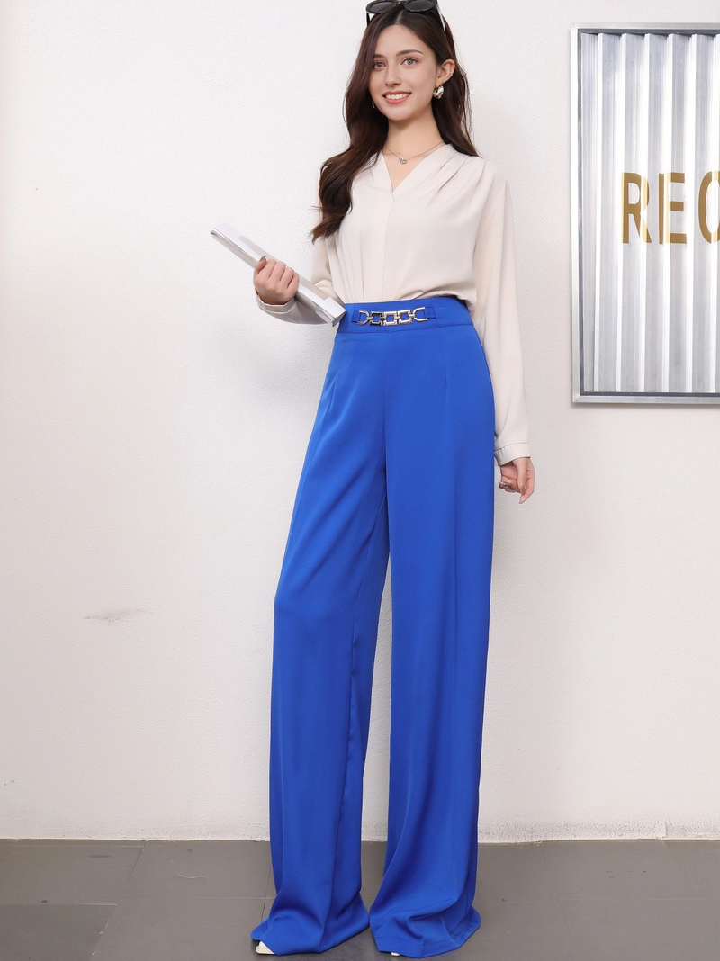 Women's solid color vertical fashion wide leg pants long dress pants suit pants_voghion.com