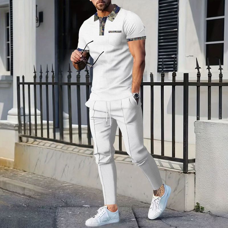 Roupas masculinas Nova juventude Waffle lapela cor combinando bolso manga curta calças terno casual_voghion.com