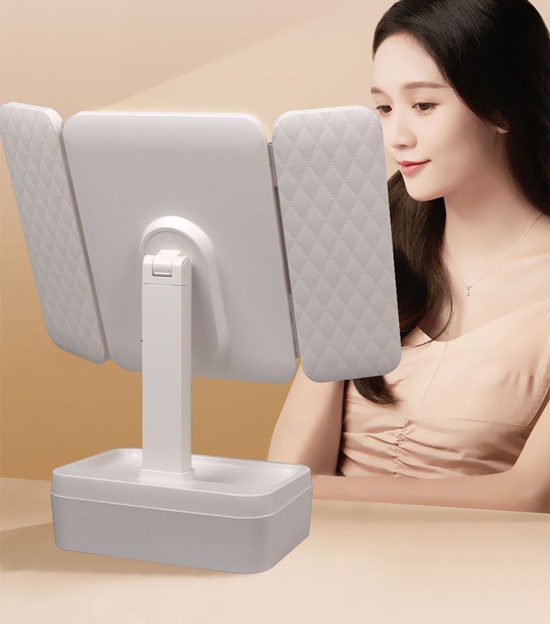 Espejo de tocador LED de 3 lados con control táctil y compartimento de almacenamiento - Iluminación regulable y ajustable 360° para maquillaje y cuidado de la piel (blanco)_voghion.com