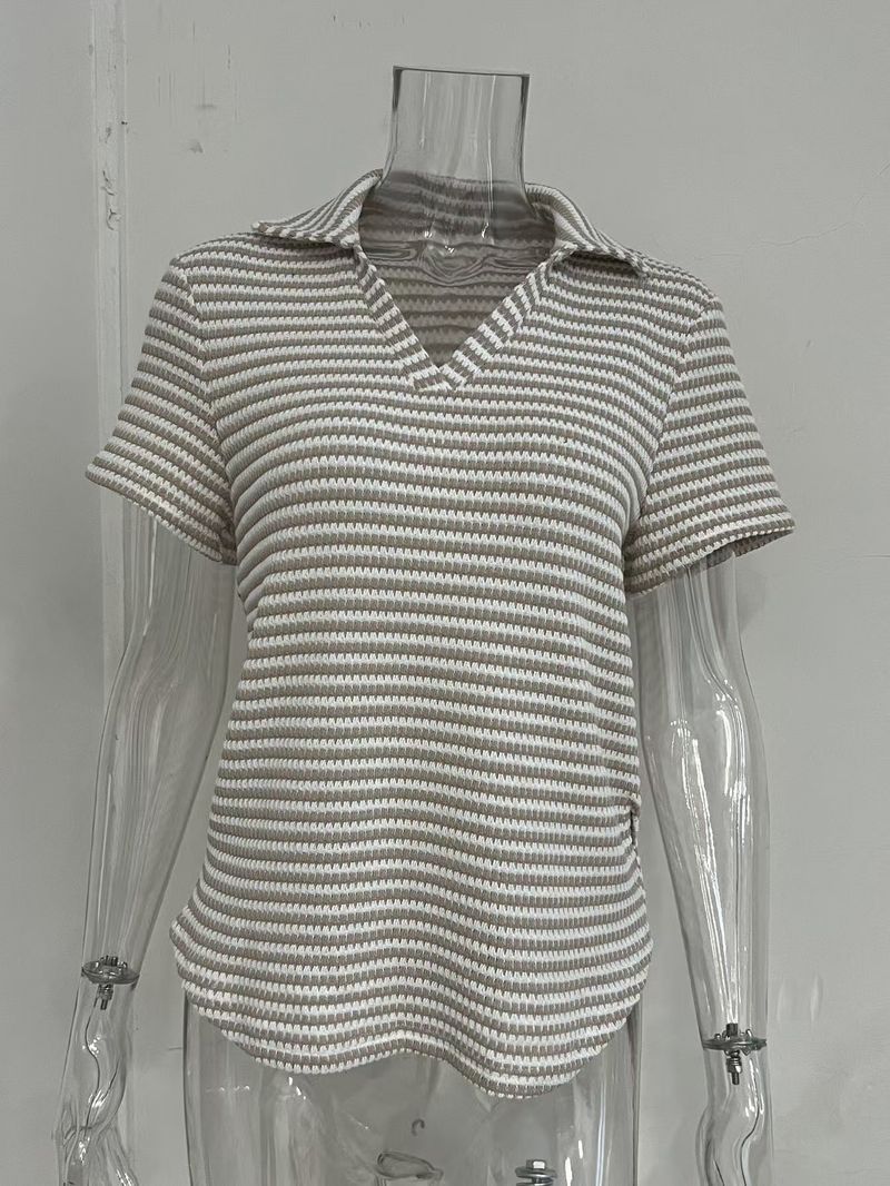 Maglietta a righe semplice da donna, estiva, comoda, ampia, con colletto polo, lavorata a maglia con scollo a V profondo_voghion.com