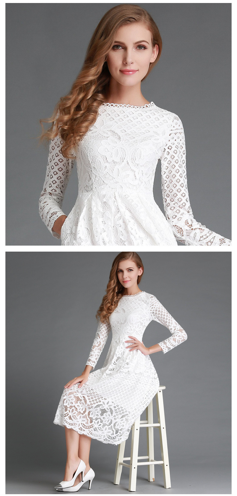 Abito a maniche lunghe in pizzo con scollo rotondo da donna, nuovo modello primavera 2025, gonna snellente di media lunghezza_voghion.com