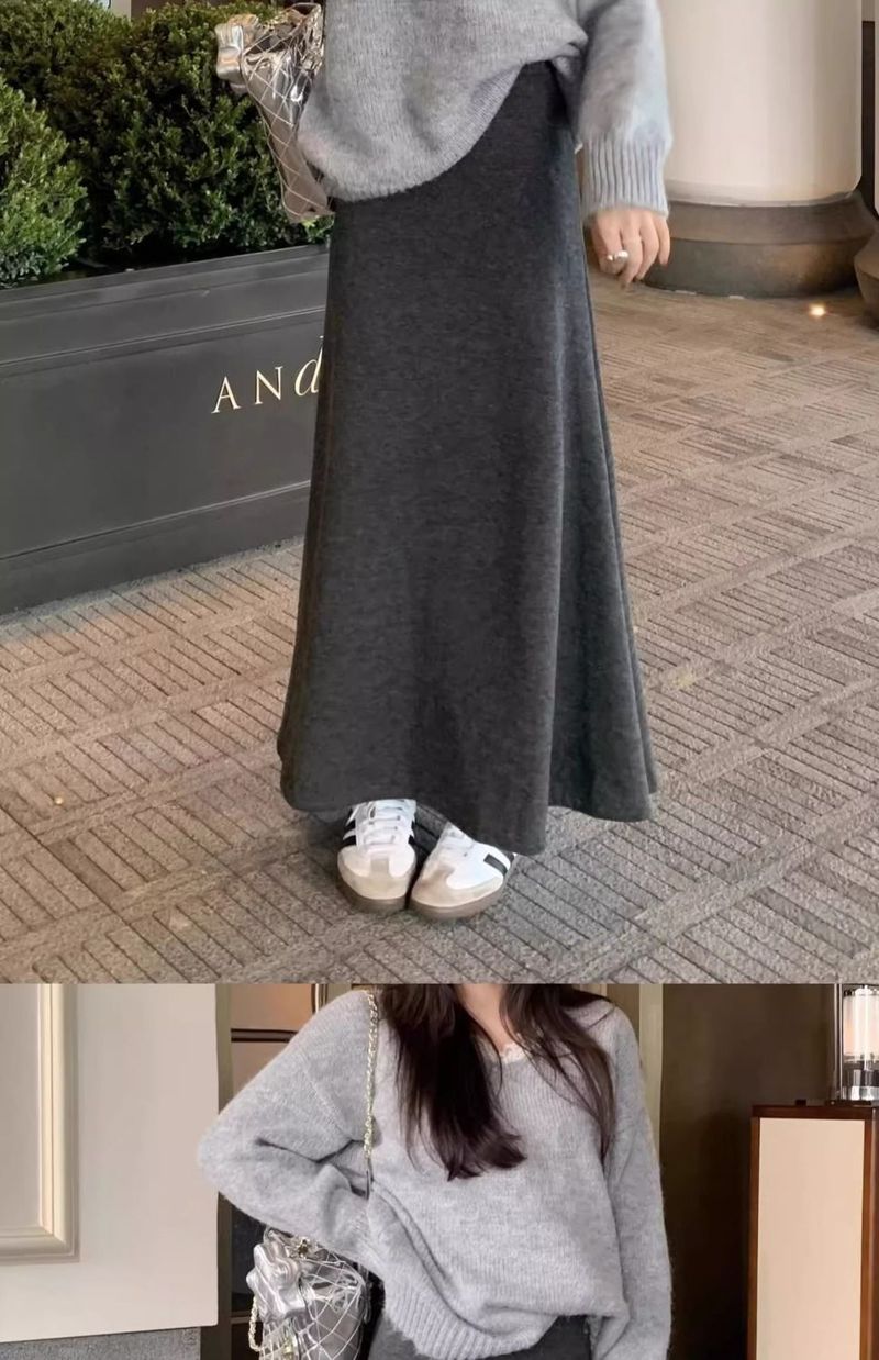 GraceChic GraceChic GraceChic Grijze Midi Dames Lente Herfst Winter Nieuwe Stijl Elegante Hoge A-lijn Zeemeermin Slanke Elastische Taille Rok Eendelig_voghion.com