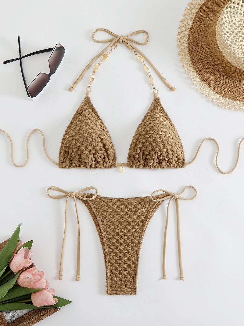 Damenbekleidung einfarbig neuer geteilter Badeanzug Bikini High-End rückenfrei tiefer V purer Wunschstil Riemendesign Dreipunktstil_voghion.com